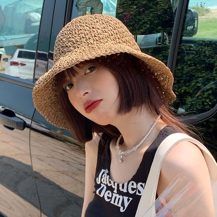 Lace strap straw hat women's summer beach sun hat seaside outing face protection sun hat