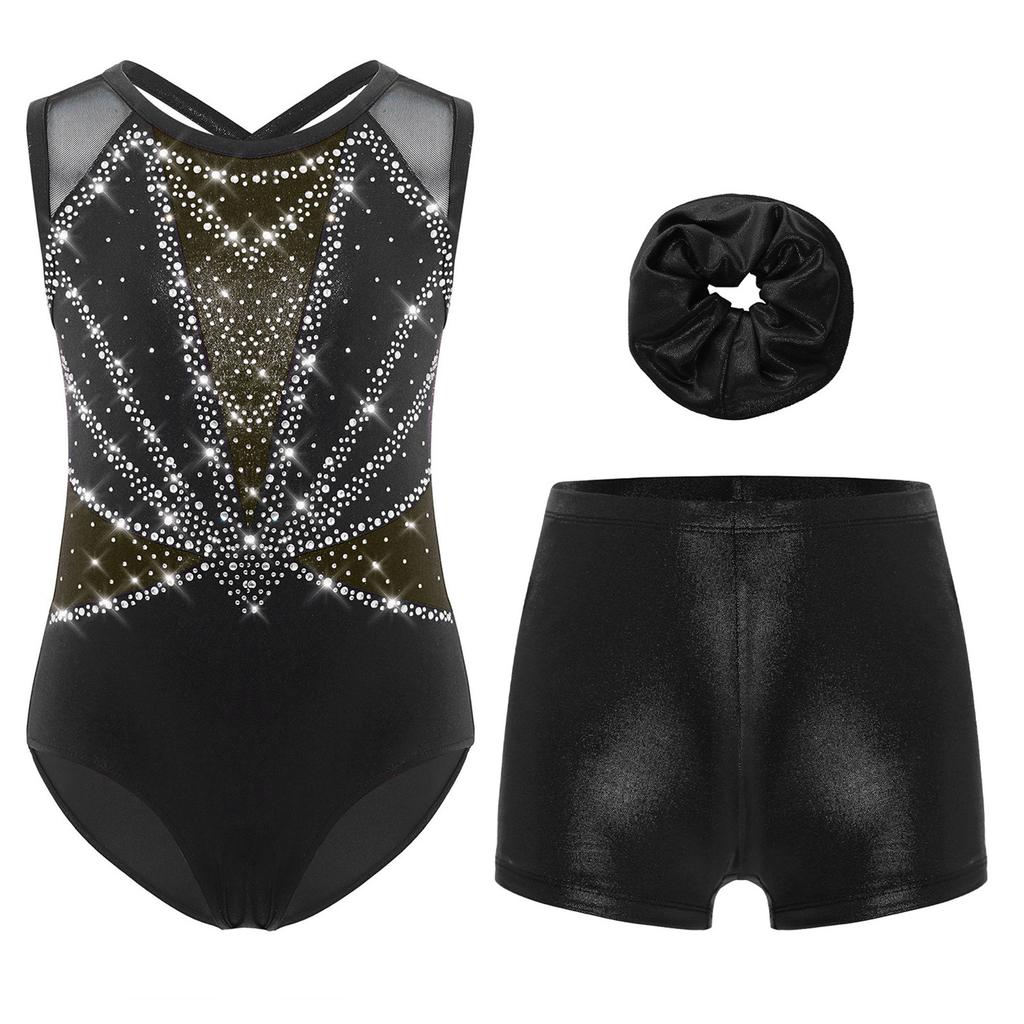 Girls 3 Piece Dance Set Sleeveless Metallic Leotard Criss Cross Back Rhinestones Color Block Design with Shorts Hairband