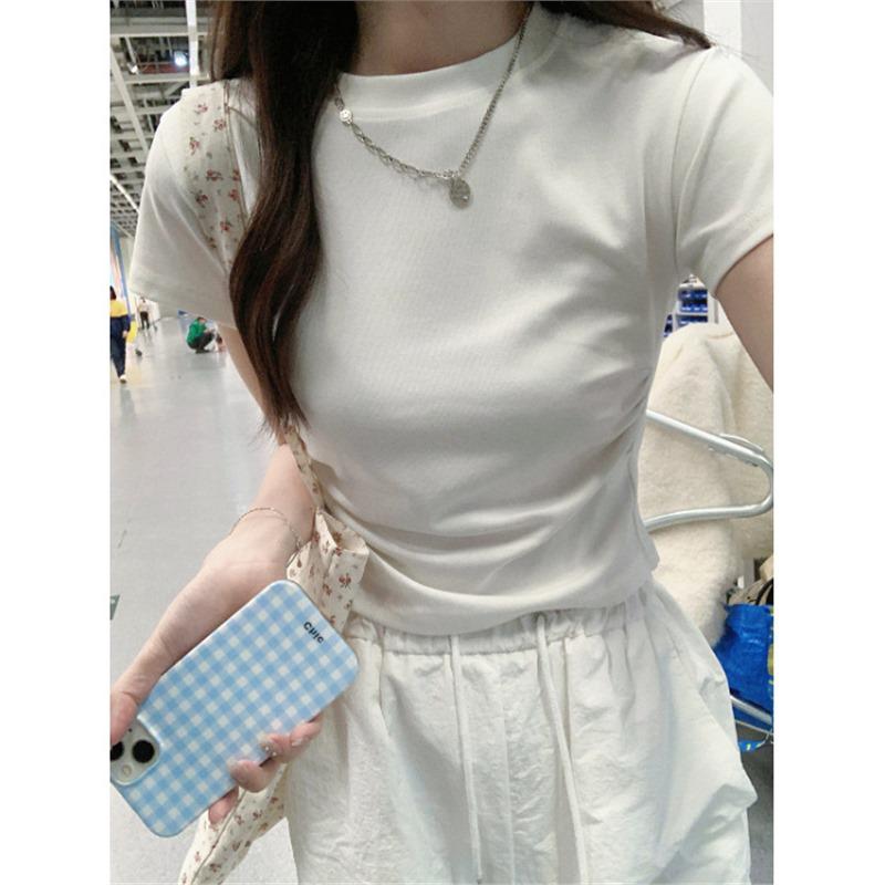 

Women s 2025 Summer Slim Fit Pleated Top - Short-Sleeve, Straight Shoulder, Short Design Extra Large