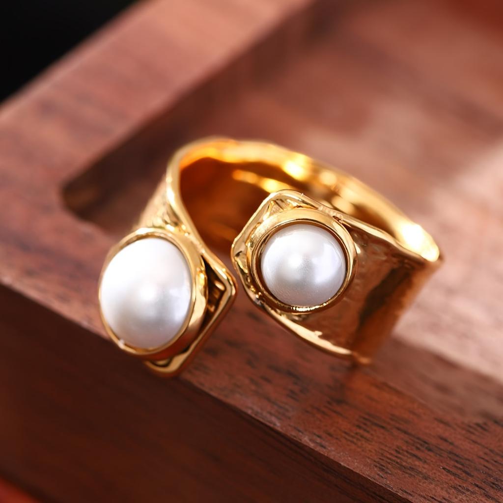 Chic fransk-inspirert åpen ring i rustfritt stål med fuskperle - Vanntett, perfekt for hverdags- og feriebruk