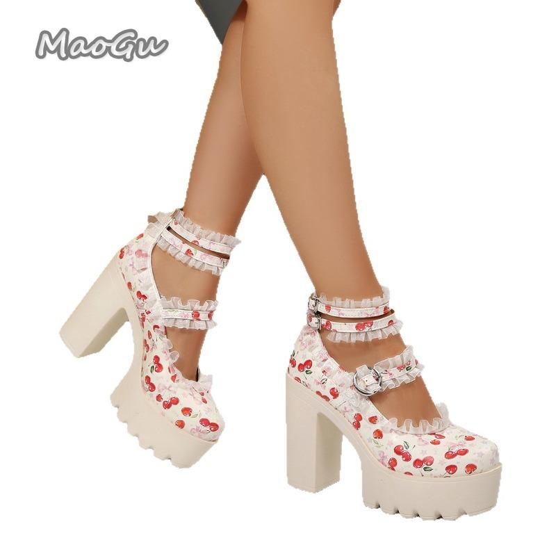 Chunky Super High Heel Pumps for Women Lace Cherry Ankle Straps Mary Jane Shoes Women's Goth Platform Party Dress Lolita Shoes