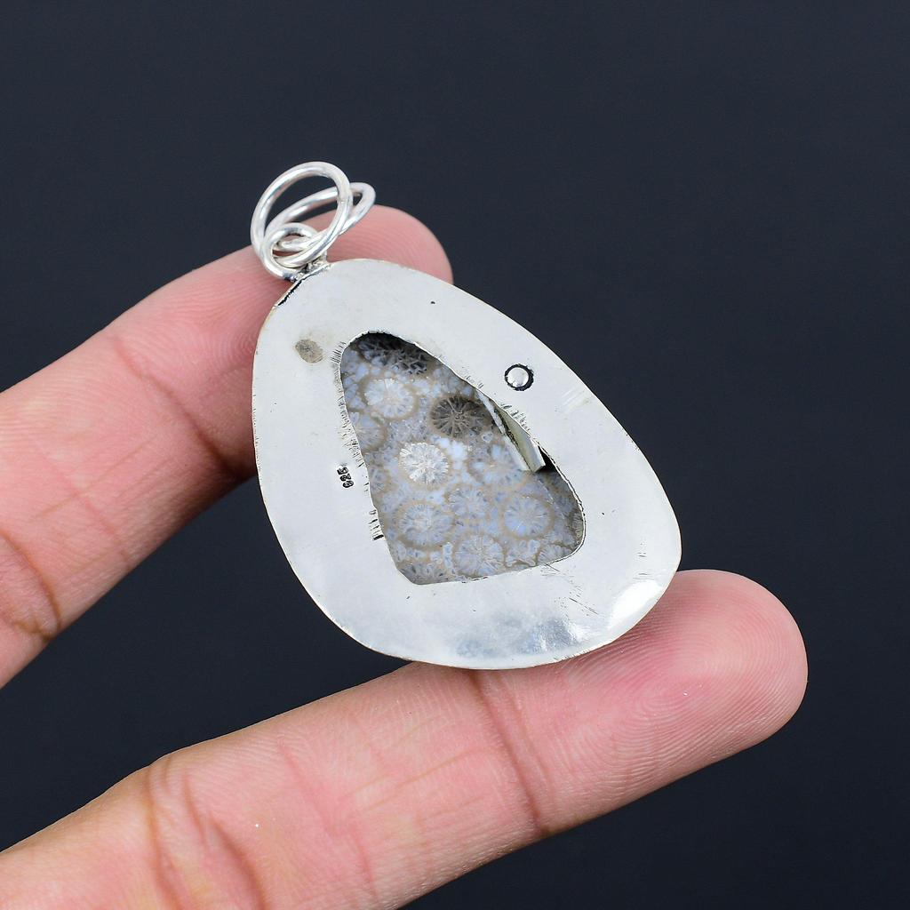 Easter Deal 925 Silver Trillion Fossil Coral Gemstone Bezel Wedding Wife Pendant