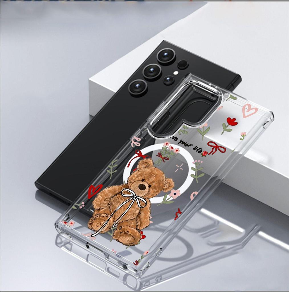 Floral Bear Magnetic Full Coverage Transparent Case for Apple iPhone 14-17 Pro Max