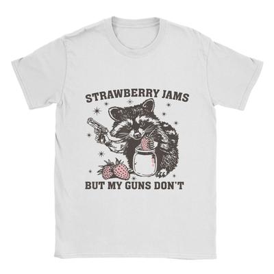 Men Strawberry Jams But My Don't Funny Raccoon T Shirt  100% Cotton Tops Leisure Short Sleeve Crewneck Tees Plus Size T-Shirts