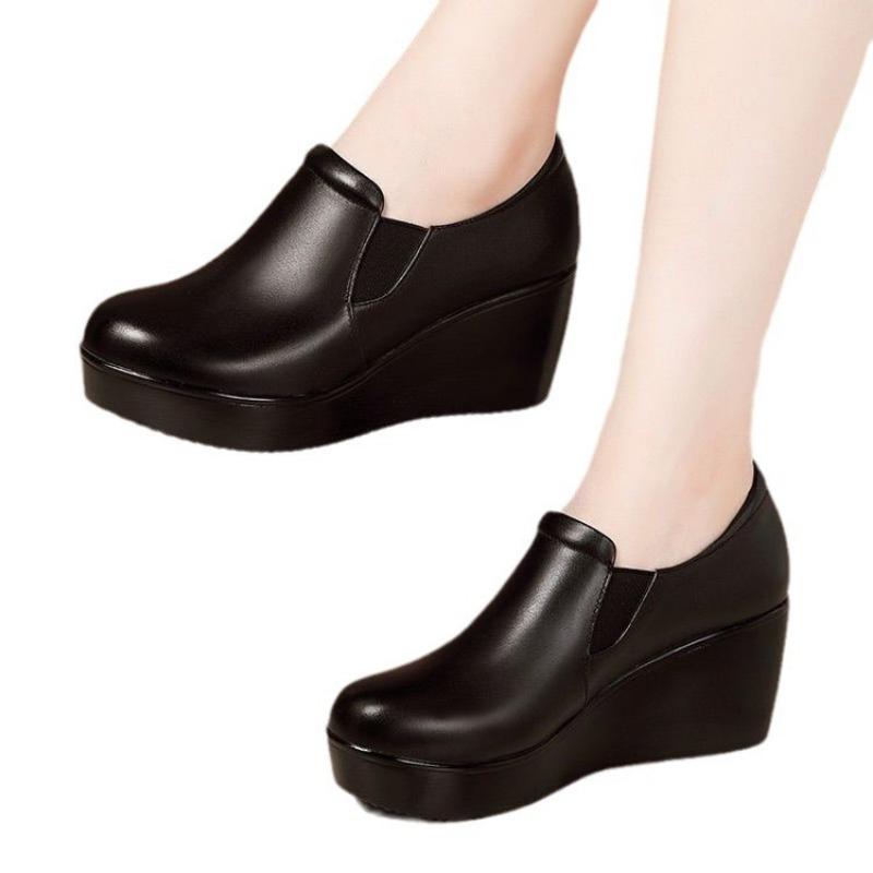 Spring Mid-heel Non-slip Bottom Waterproof Platform Comfortable Casual Women's Leather Shoes