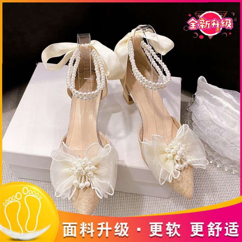 Medium heel stiletto high heels women's sandals 2025 summer new one-word buckle bow single shoes fairy style work shoes