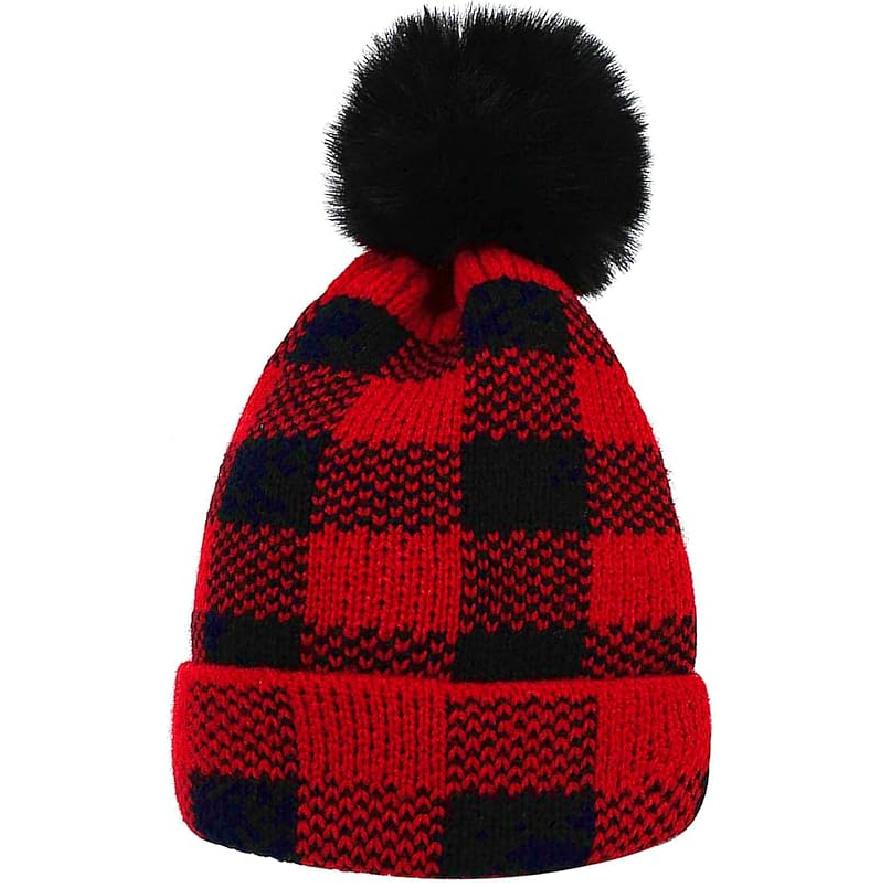 Red-Buffalo-Plaid Toddler-Baby Beanie-Hat - Soft Stretch Beanie Thick Chunky Warm Knit Cap with Pom Fit 0-36 Month 0-36 Months
