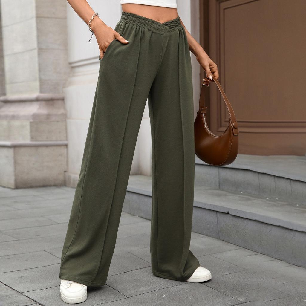 Fall Winter Women's Solid Color Elastic Waist Loose Straight Casual Trousers for Cross-border Trade