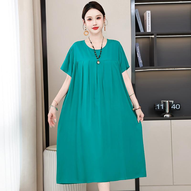 2 Neues hochwertiges florales Baumwoll-Seiden-Kleid für Damen-Sommer-Temperament, Bauchbedeckung für Mütter, große Größe künstliche Baumwolle langer Rock