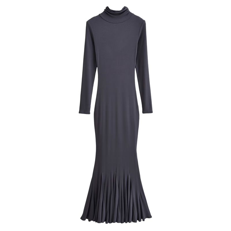 

Step by Step Lotus Hip Skirt Turtleneck Base Skirt Women Autumn and Winter Inner wear Dress Temperament Sexy Sheath Fishtail Long dress Dark gray S