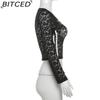 BITCED Autumn Women's Solid-Colour Slim-Fit Cropped V-Neck Long-Sleeved Printed Top
