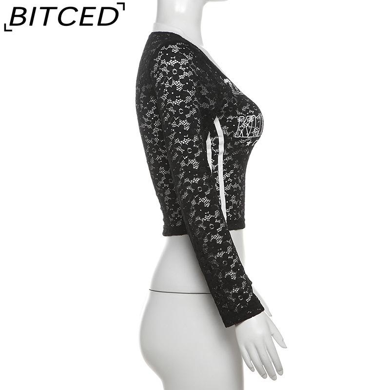 BITCED Autumn Women's Solid-Colour Slim-Fit Cropped V-Neck Long-Sleeved Printed Top