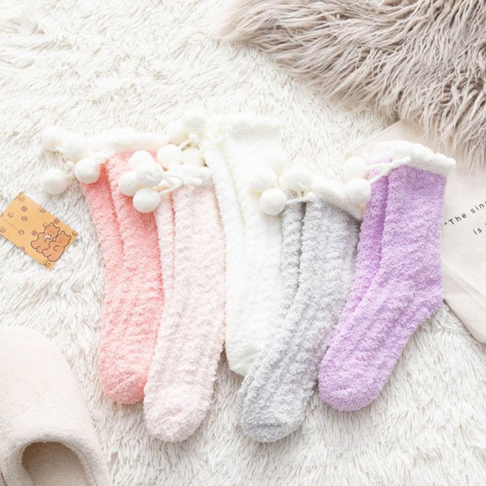 

New Fashion Girls Cute Sweet Coral Fleece Socks Fluffy Ball Hosiery Pompom Sleep Socks