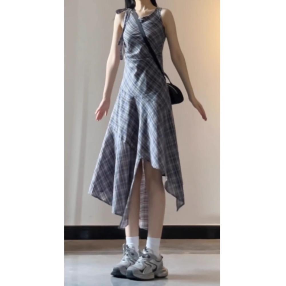 Plaid Sleeveless Vest Dress Women's Summer New Versatile Women's Irregular Temperament Long Skirt