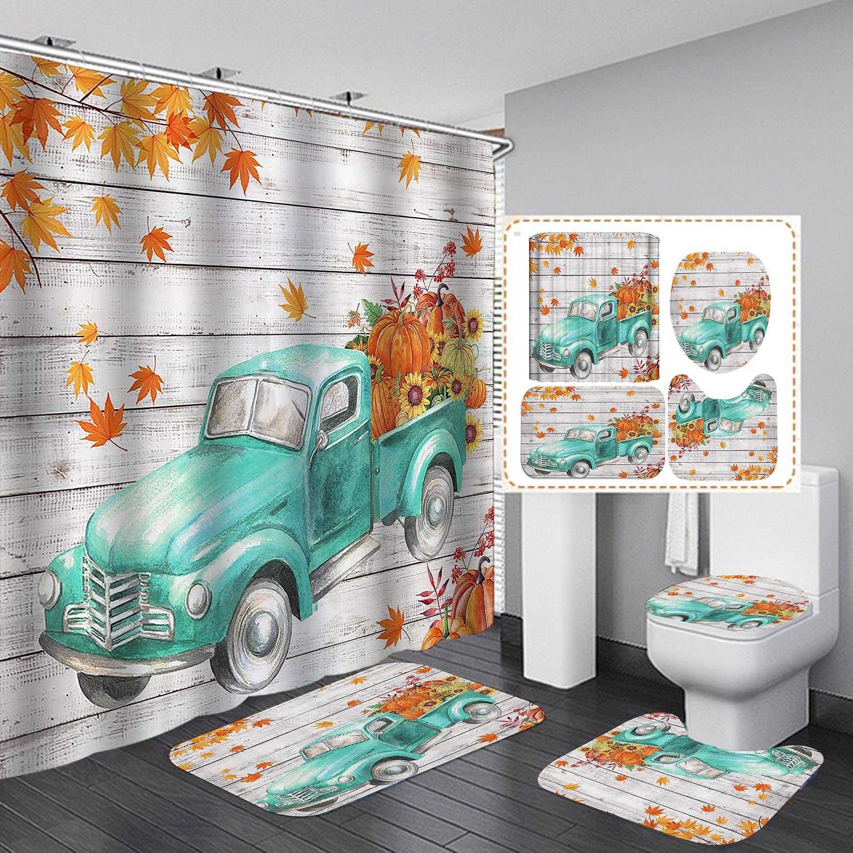 

Vintage Teal Farm Truck Shower Curtain Set Antique Car Country Ranch Rustic Farmhouse Bathroom Curtains Decor Polyester Fabric W60H190(CM)-1 Pcs