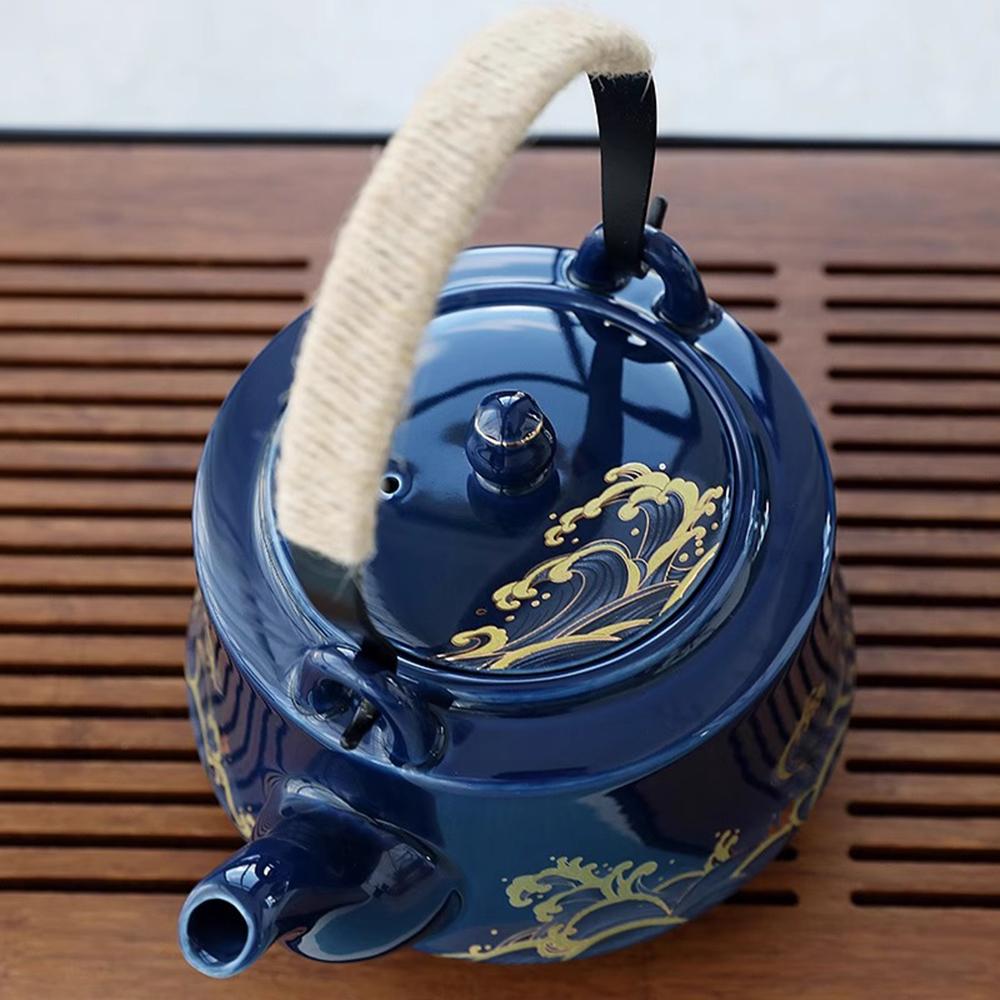 Blue Ceramic Teapot, Large capacity cooling water kettle, Brewing tea pot with tea strainer, Restaurant handle style tea kettle