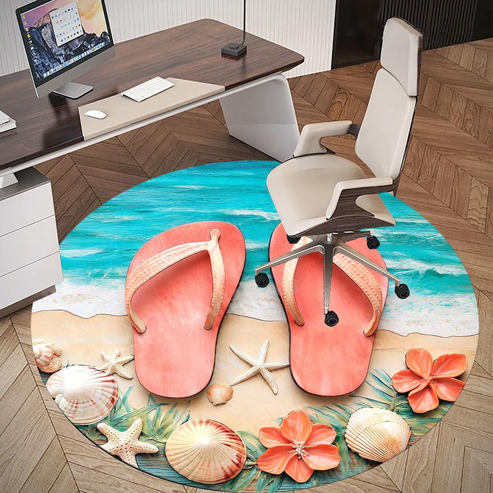 1PC Beach Sandal Starfish Shell Office Round Area Rug, Under Office Chairs Bedroom Living Room Home Decor,Carpet for Office, -1110230