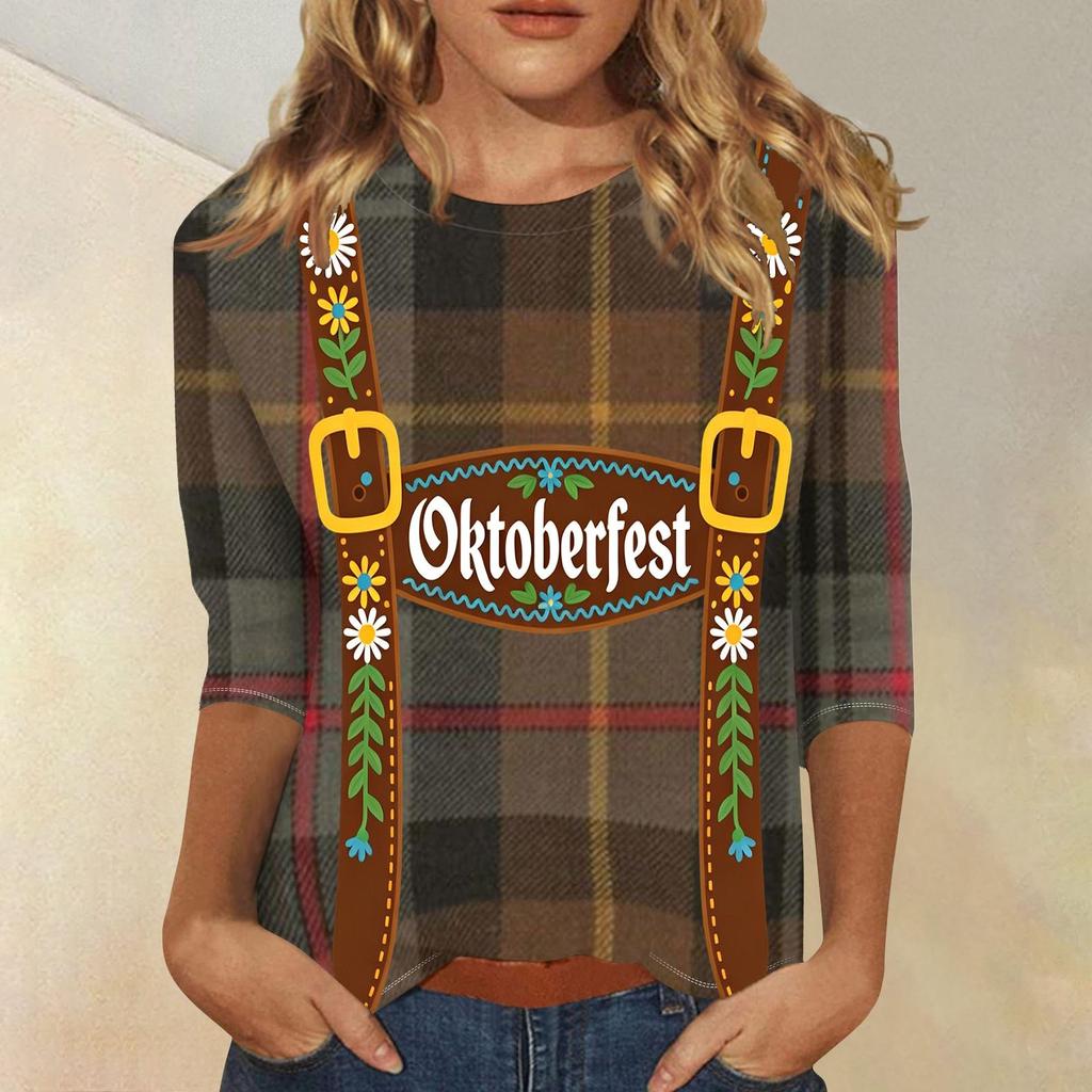 Damen Lässiges Dreiviertelarm Oktoberfest-Print Rundhals Karomuster Oberteil mit Blumen-Träger-Design für Festival-Kleidung
