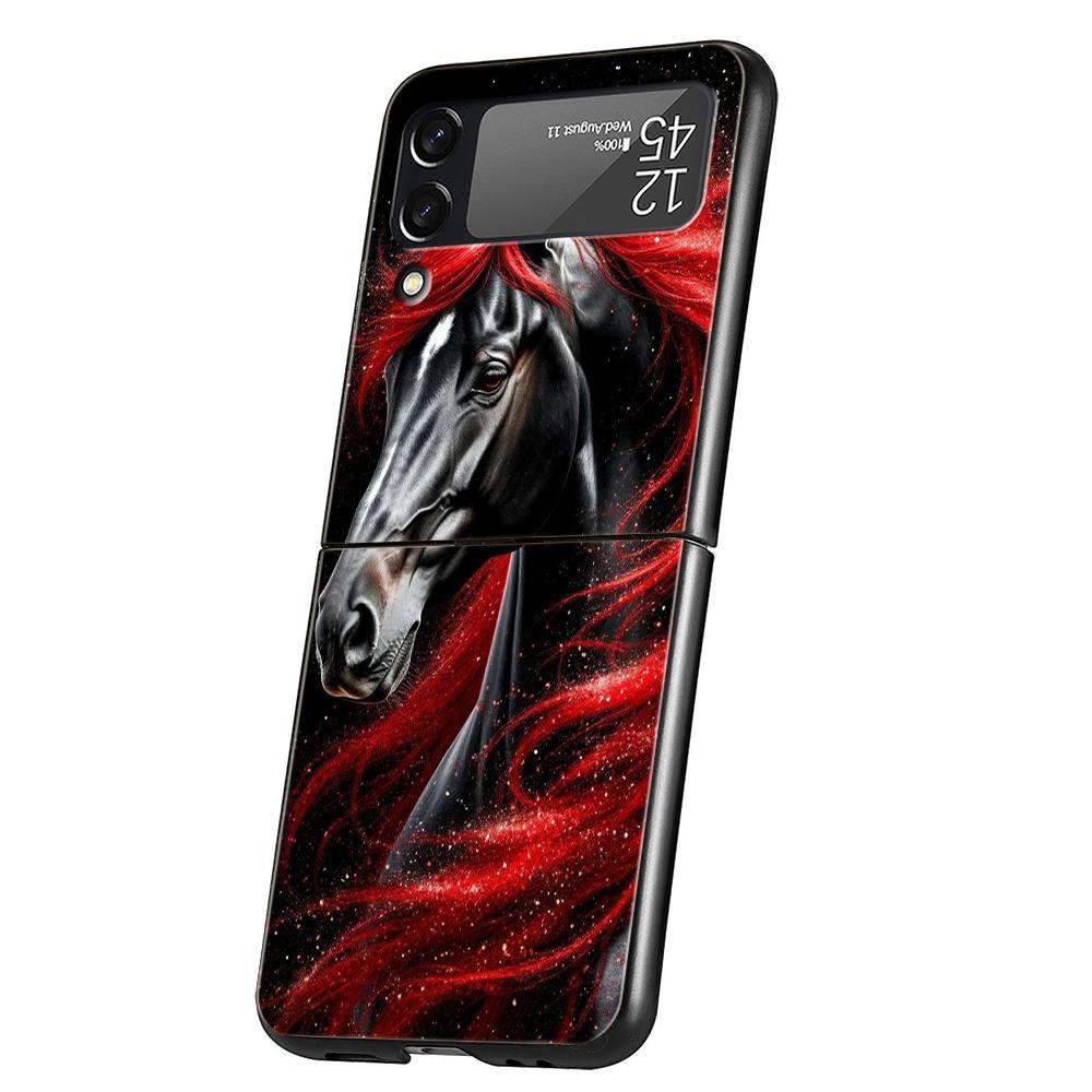 Hard PC Phone Case For Samsung Galaxy Z Flip 7/6/5/4 Black Cover For Galaxy Z Flip 3 Foldable Shockproof Capas Horse Animal Bags