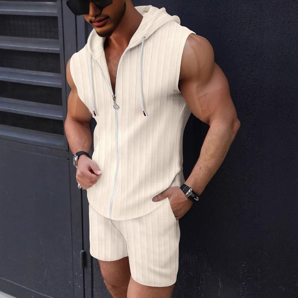 Men's Plaid Zipper Sleeveless Vest Shorts Two-piece Set
