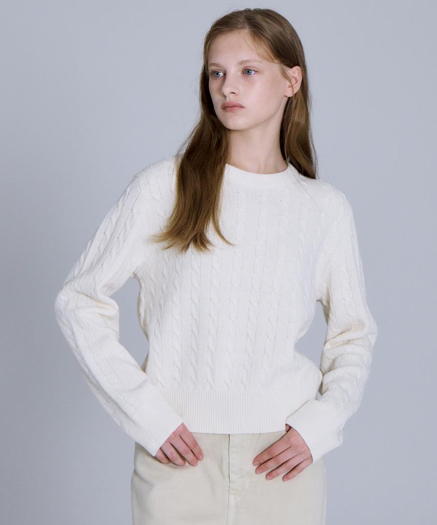 BASIC HOUSE Women'S Cable Round Neck Crop Knit Oatmeal Lykt7201