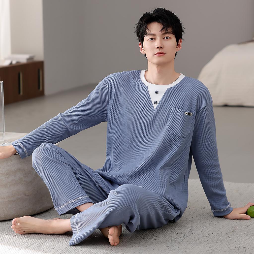 Pajamas Men'S Spring And Autumn Waffle Cotton Long Sleeve Autumn Cotton Large Size Casual Loungewear Set