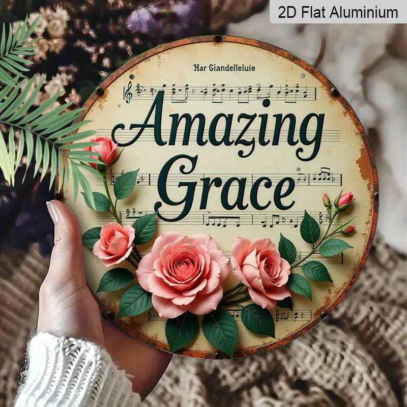 2D Flach, 1 Stück Rundes Aluminium-Hängeschild, „Amazing Grace“ Notenblatt & Rosa Rosen Design, Vintage Christliches Hymnen Metallschild, Perfekt für