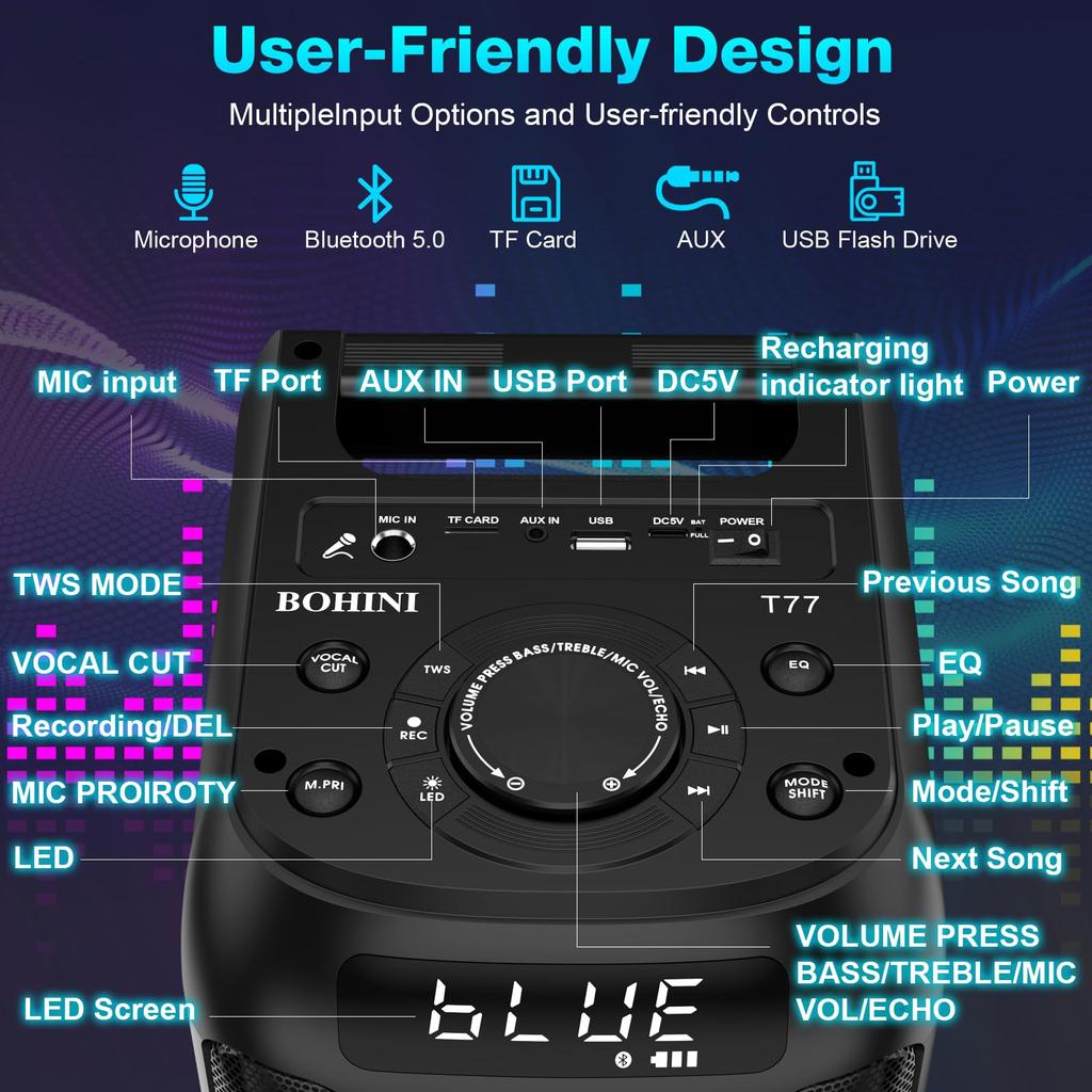 Bluetooth Speaker, 160W Peak Powerful Loud Stereo Sound Deep Bass Wireless Boombox with Subwoofer TWS Pairing Dynamic LED Light