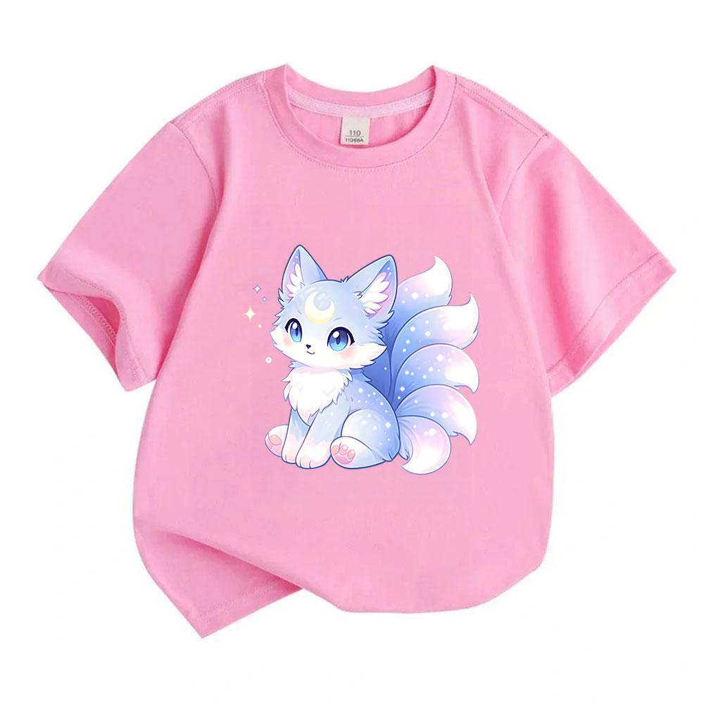 Kids Boys Girls 100% Cotton Crew Neck Short Sleeve T-Shirt, Cute Glowing Crescent Moon Star Fox Print Soft Casual Tee for Children Daily Wear