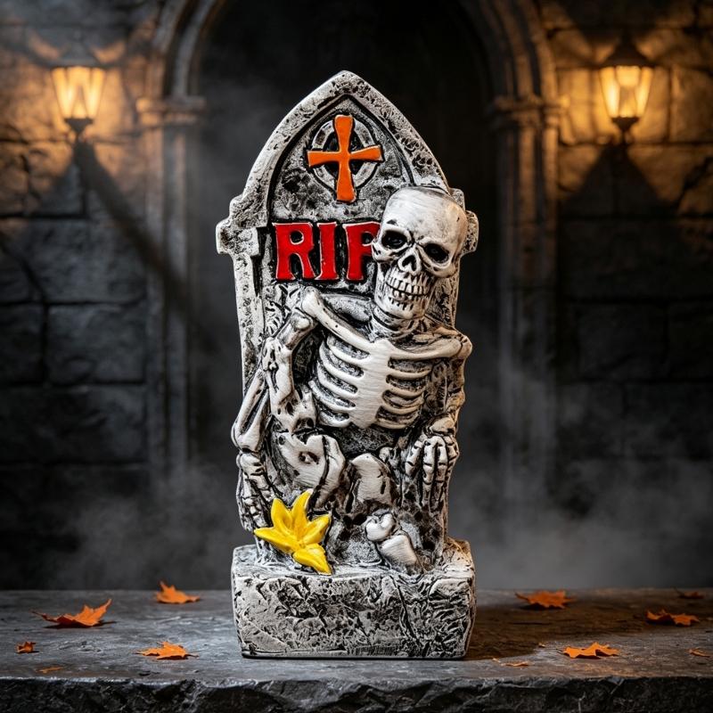 Shelf Ready Halloween Grave Marker Item, Resin Bone Figure Accent for Entry Table Styling and Event Display Use
