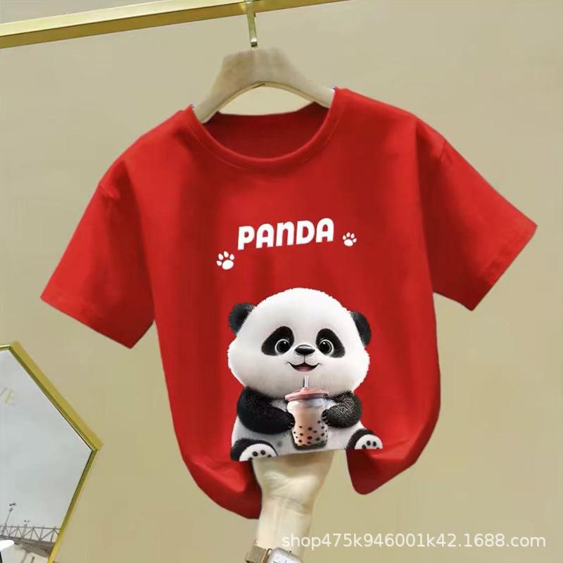 Kids Panda Print Cotton Short Sleeve T Shirt Summer Boys Girls Breathable Half Sleeve Top