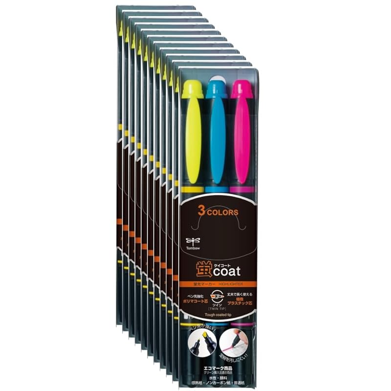 Tombow Pencil Fluorescent Pen, Kei Coat Twin Type, 3 Colors, 10-Pack (WA-TC3C-10P)
