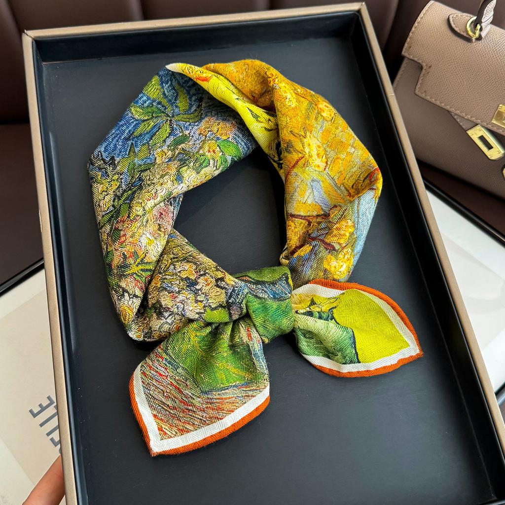 Spring and Summer New Art Oil Painting Age-reducing Printing Silk Scarf High-end Professional Neck Protection Scarf Women's Summer Sunscreen Small Sq