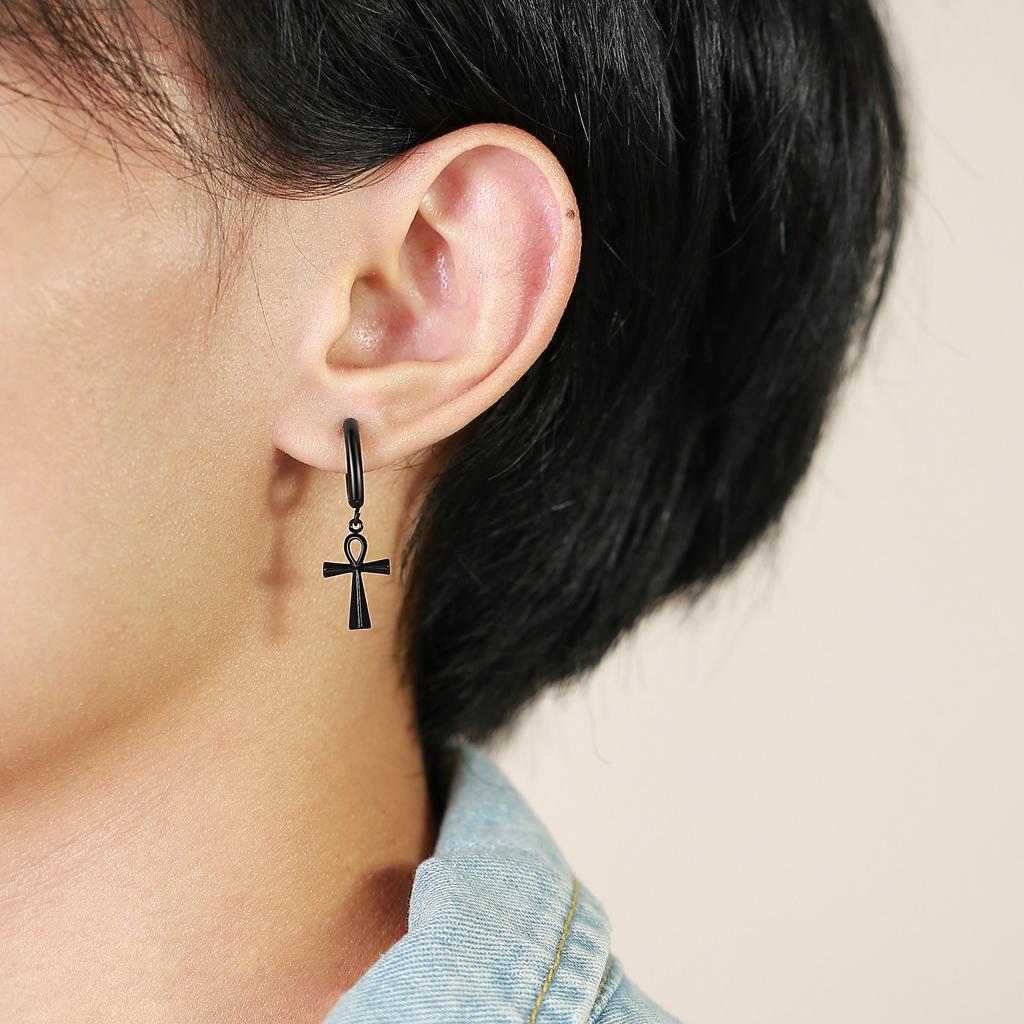 Vnox Ancient Egyptian Ankh Cross Earrings for Men, Stainless Steel Geometric Hoop Huggie Jewelry Gifts, Faith Ankh Stud Earring
