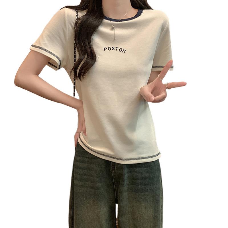 Front shoulder short-sleeved t-shirt women's new summer loose letter embroidery design sense niche contrasting color round neck top
