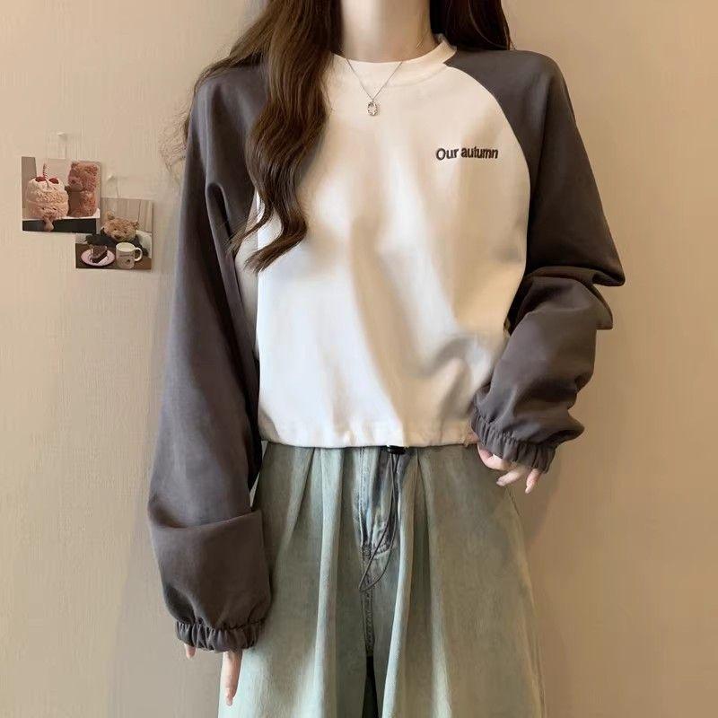 

Американский Ретро Свитшот с Рукавами Рабасса Женский Осень Зима Новый Свободный Контрастный Короткий Топ на Шнурке S серый