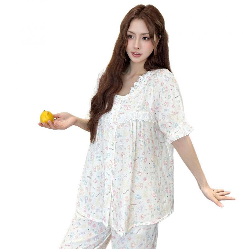 Sweet Wind Pure Cotton Floral Printing Pajamas Spring and Summer New Round Neck Lace Edge Can Be Worn Outside Short-sleeved Loungewear Suit