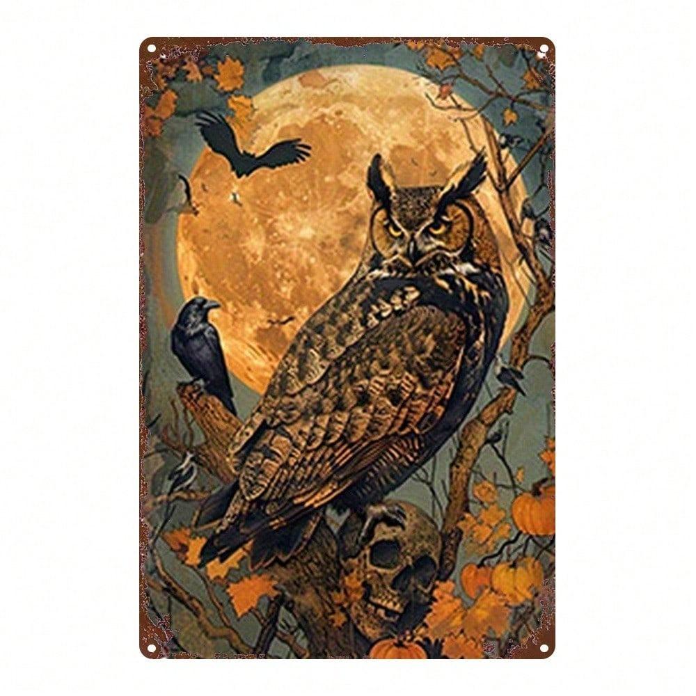 Halloween Vintage Owl Crow Moon Tin Sign, 2D Metal Wall Art for Home Kitchen Decor