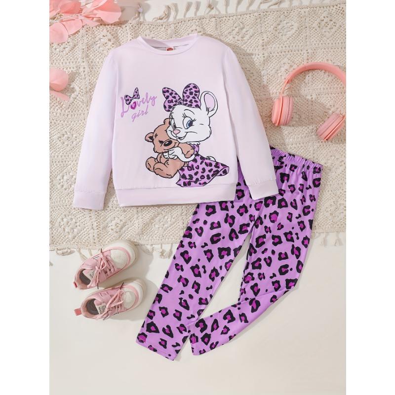 Girl's Autumn and Winter Cute Bunny Bear Printed Long Sleeved Shirt+leopard Print Pants Two-piece Set, a Gift for Children, Perfect for Outdoor