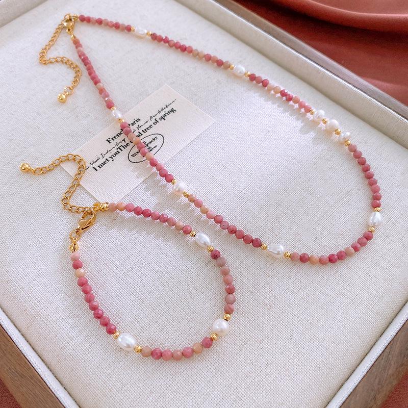 

Red Rhodonite & Freshwater Pearl Elastic Bracelet - Retro, Elegant, Niche Style