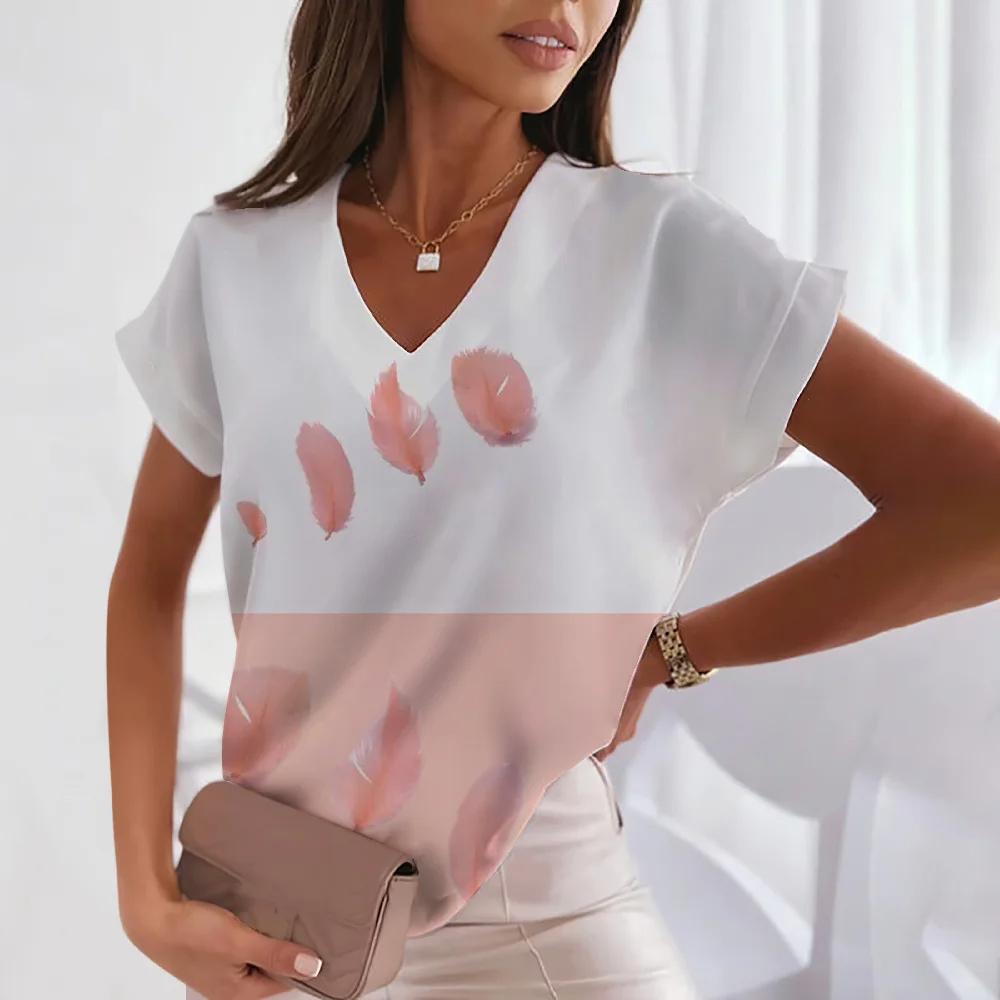 Women's New V-neck T-shirt Summer Spring Breathable Smooth Solid Fashion Casual Large Y2K Feather Hot Selling Girl Print