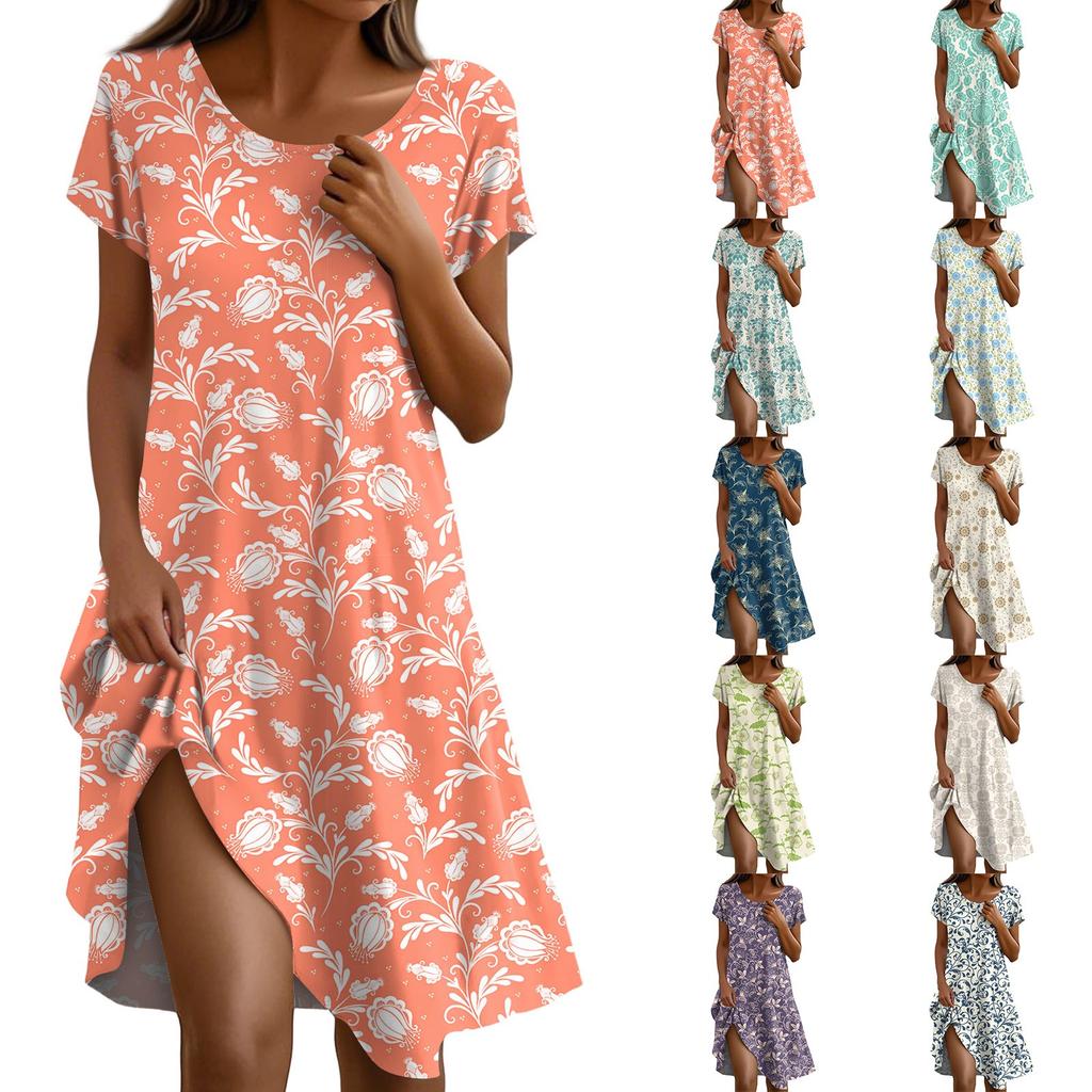 Short Sleeve Boho Dress For Women Casual Loose Fit Summer Sundress Floral Print Dress With Pockets