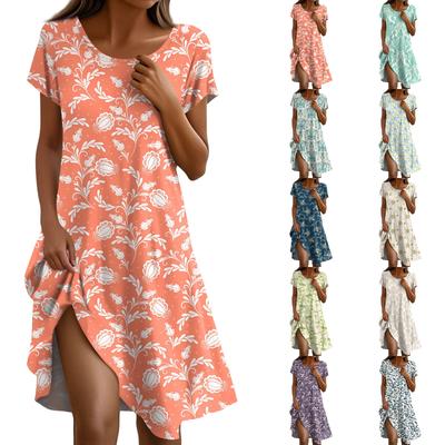 Short Sleeve Boho Dress For Women Casual Loose Fit Summer Sundress Floral Print Dress With Pockets