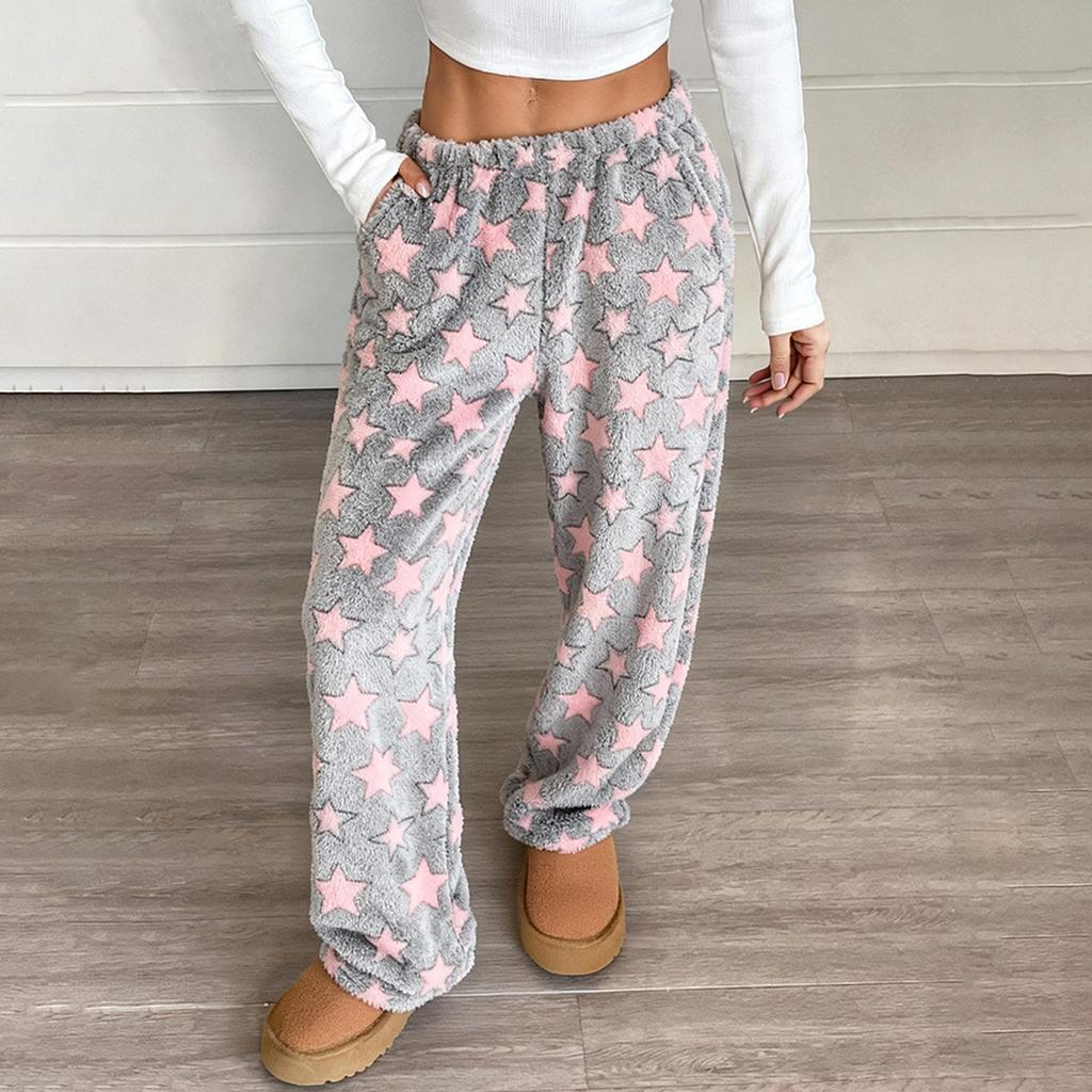 Dámské pyžamové kalhoty, Plyšové pyžamové kalhoty, Měkké pyžamové kalhoty s elastickým pasem, Kalhoty s hvězdami a 2 kapsami