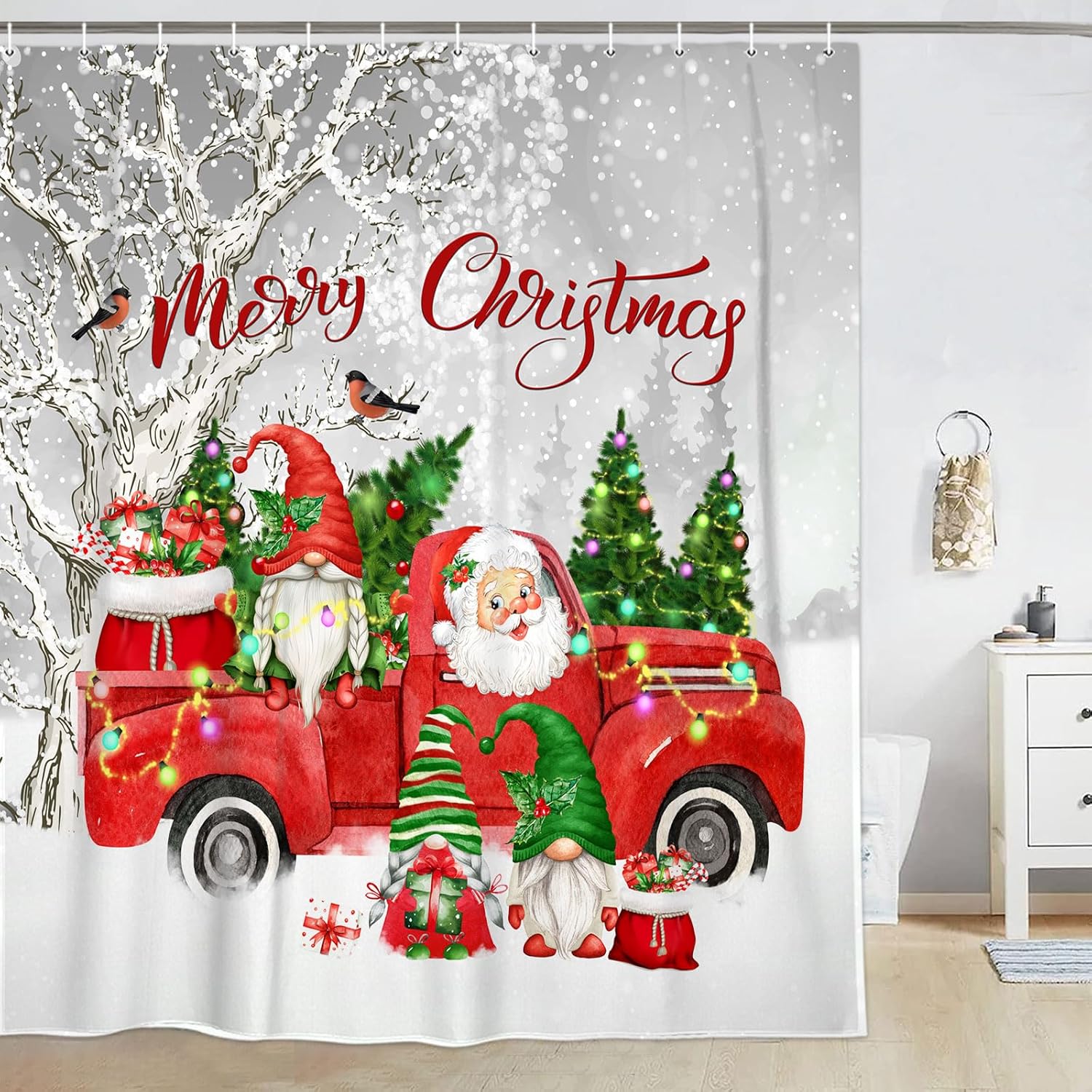 

Gnome Elf & Santa Claus Truck Shower Curtain With Snowy Xmas Birds Tree Design, Festive Winter Bathroom Decor For Holiday W60H190(CM)-1 Pcs
