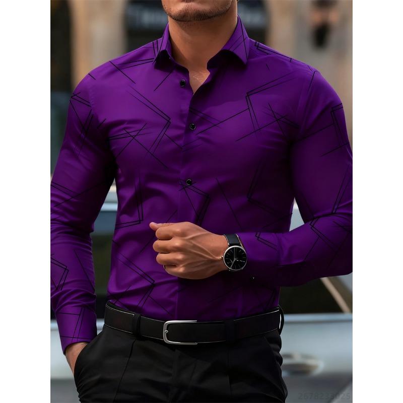 Herren Trendiges geometrisches Linienmuster Langarmhemd Business Casual Mode Design Slim Fit Bügelfrei Vielseitig Ins Style Hemd