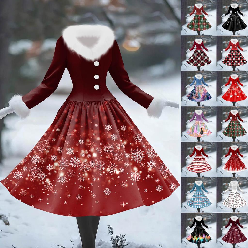 Women's Casual Dress Long-Sleeve V-Neck Patchwork Fleece Christmas Print Dress