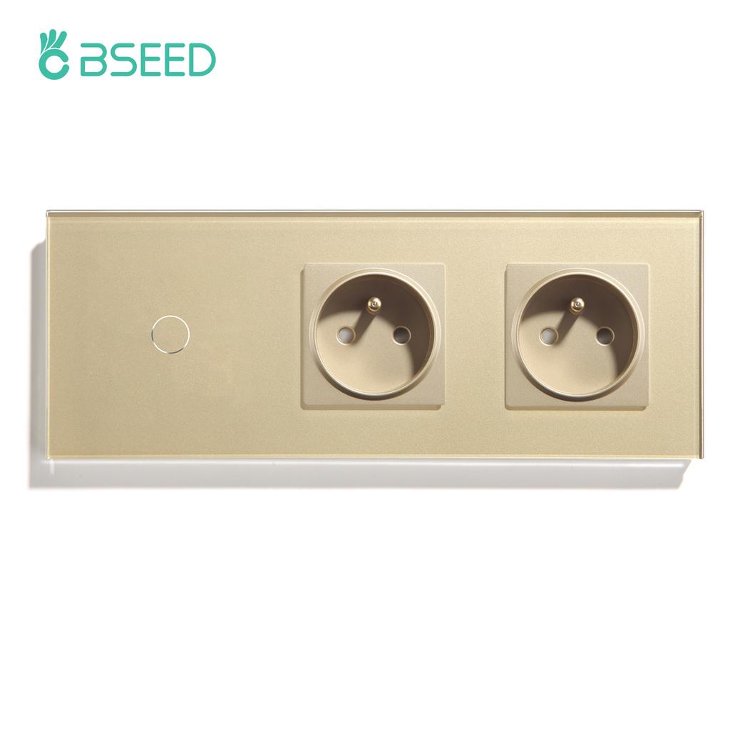 BSEED 1/2/3Gang Touch Light Switches 1Way With French Sockets Type-c USB Wall Power Outlets Glass Panel Blue Backlight Gold