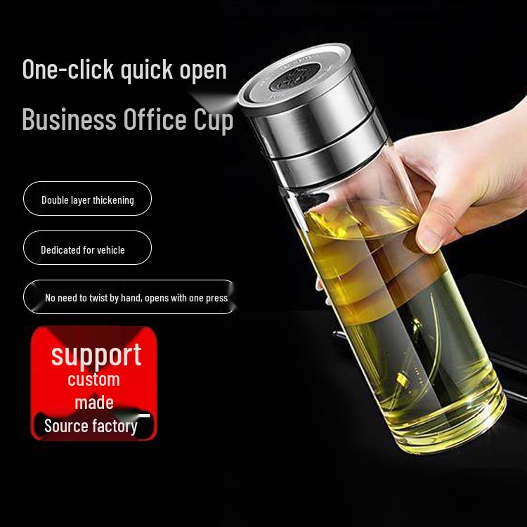 One-Button Quick Open High-Temperature Resistant Double-Layer Glass Tea Cup