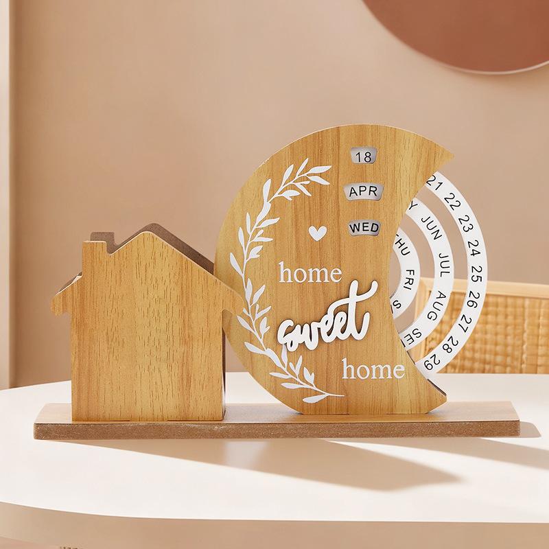 Creative Wooden Perpetual Calendar Rotating Decor Desk Pen Holder Storage Box Student Gift Moon Pen Holder Calendar
